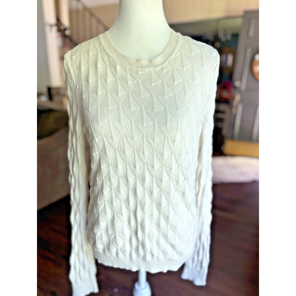 Modcloth Sweater Womens Size M Ivory Cotton Pullover Ribbed Hem Cuffs Coastal‎